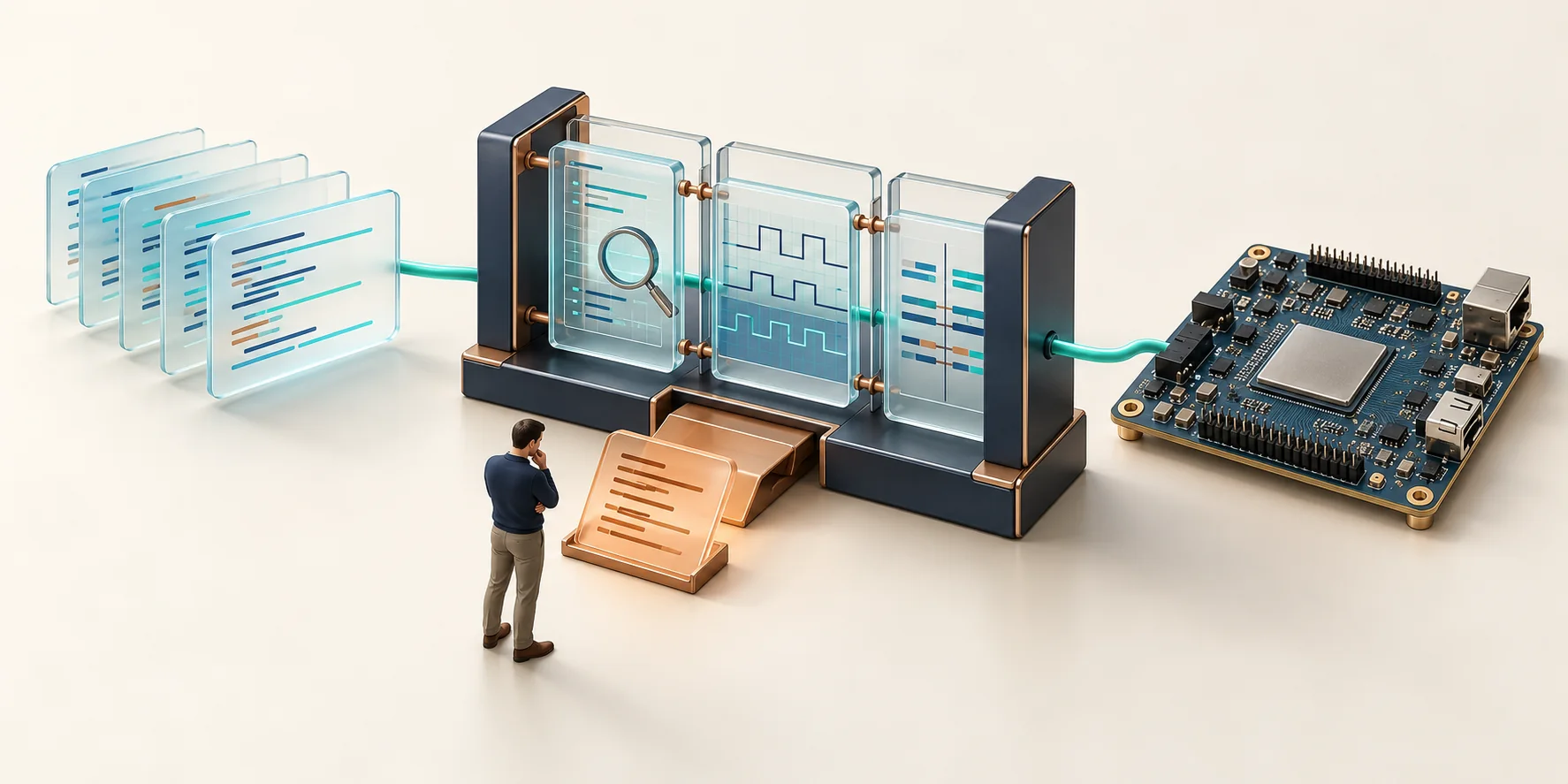 Concept illustration: HDL proposals pass through analysis, simulation and comparison before entering an FPGA project.